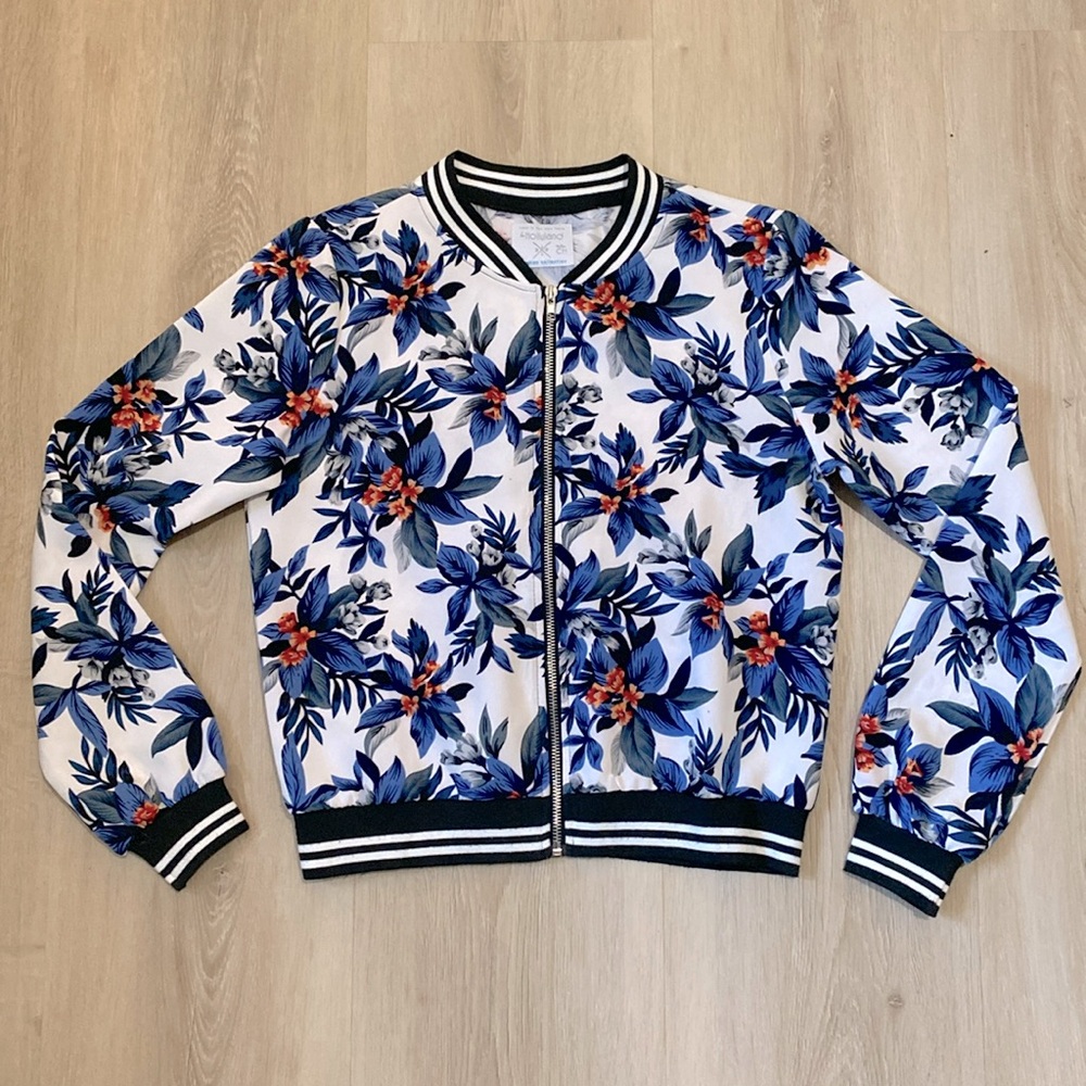Tropical Floral Lightweight Bomber Jacket Women Size S